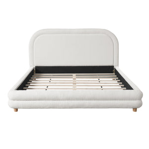Queen Size Bed Frame With Boucle Upholstered Thick Curved Headboard, Solid Wood Legs