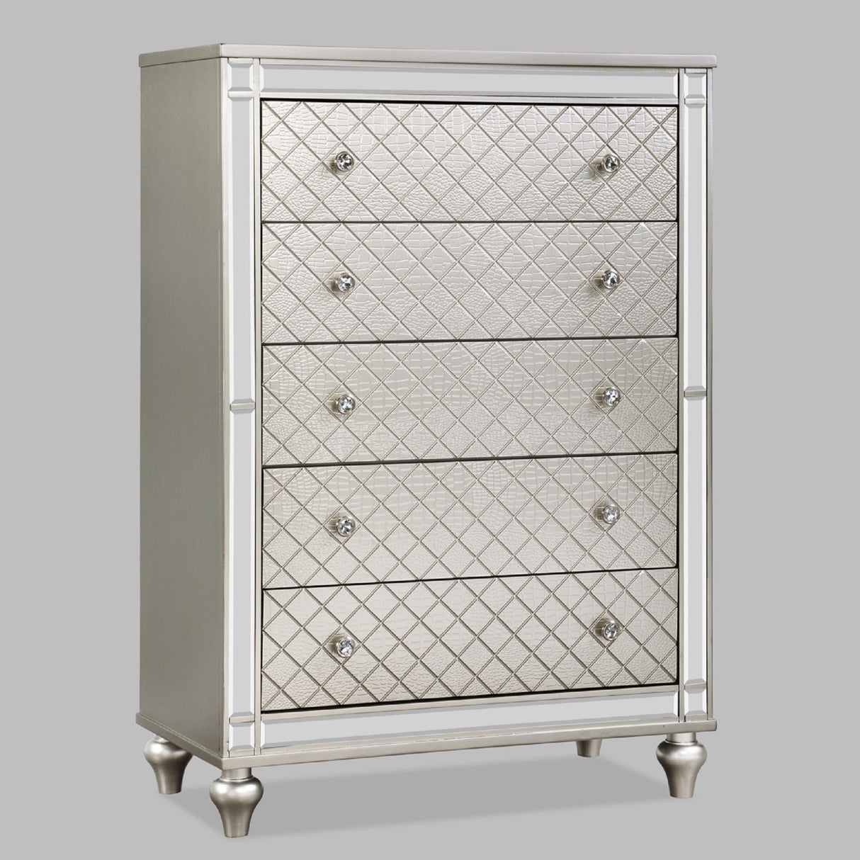 5 Drawer Bedroom Chest with Diamond Patterned Fronts - Silver