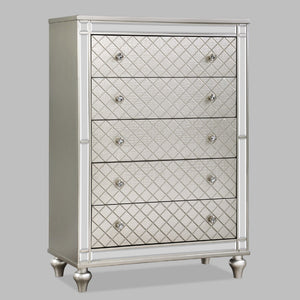 5 Drawer Bedroom Chest with Diamond Patterned Fronts - Silver