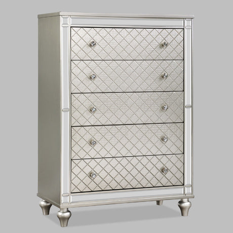 5 Drawer Bedroom Chest with Diamond Patterned Fronts - Silver