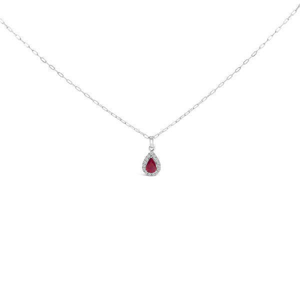 14K White Gold 6x4 Pear Red Ruby and Diamond Halo Pendant Necklace - 18" Inches