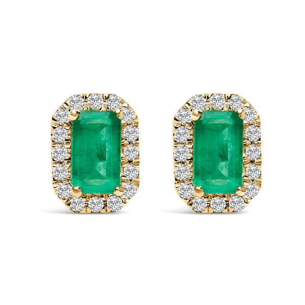 10K Yellow Gold 5x3mm Emerald-Cut Green Emerald and 1/7 Cttw Diamond Halo Octagonal Stud Earrings (I-J Color, I1-I2 Clarity)
