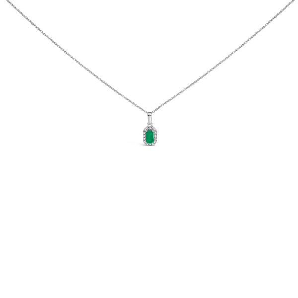 10K White Gold 5x3mm Green Emerald and Diamond Accent Halo Octagonal Shape 18" Pendant Necklace (I-J Color, I1-I2 Clarity)