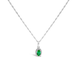 10K White Gold 5x3mm Green Emerald and Diamond Accent Halo Oval Shape 18" Pendant Necklace (I-J Color, I1-I2 Clarity)
