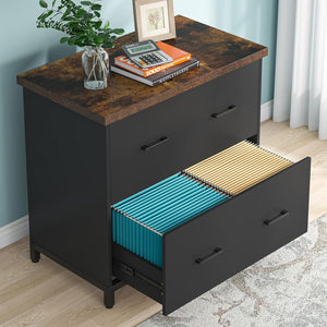 2 Drawer Lateral File Cabinet, A4 / Letter Size, Heavy Duty Storage For Home Office - Brown / Black