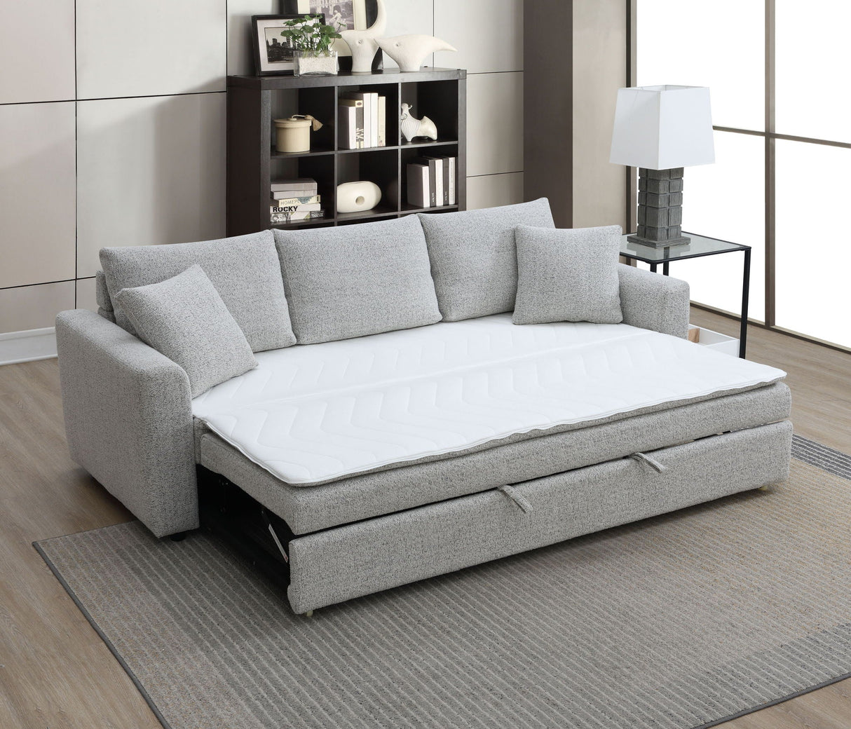 Connie - Boucle Sleeper Sectional Sofa With 2 Toss Pillows - Beige - Best Buy Furniture
