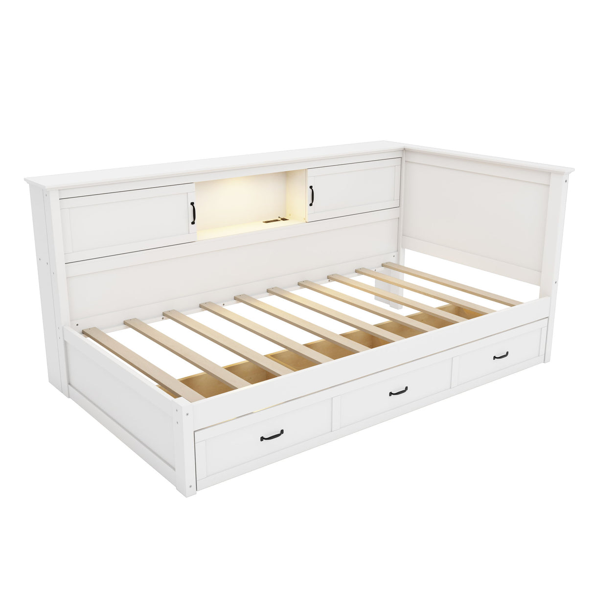 Twin Size L - Shaped Captain Bed With Drawer And Bookcase, LED Downlight And USB Charging Station - White