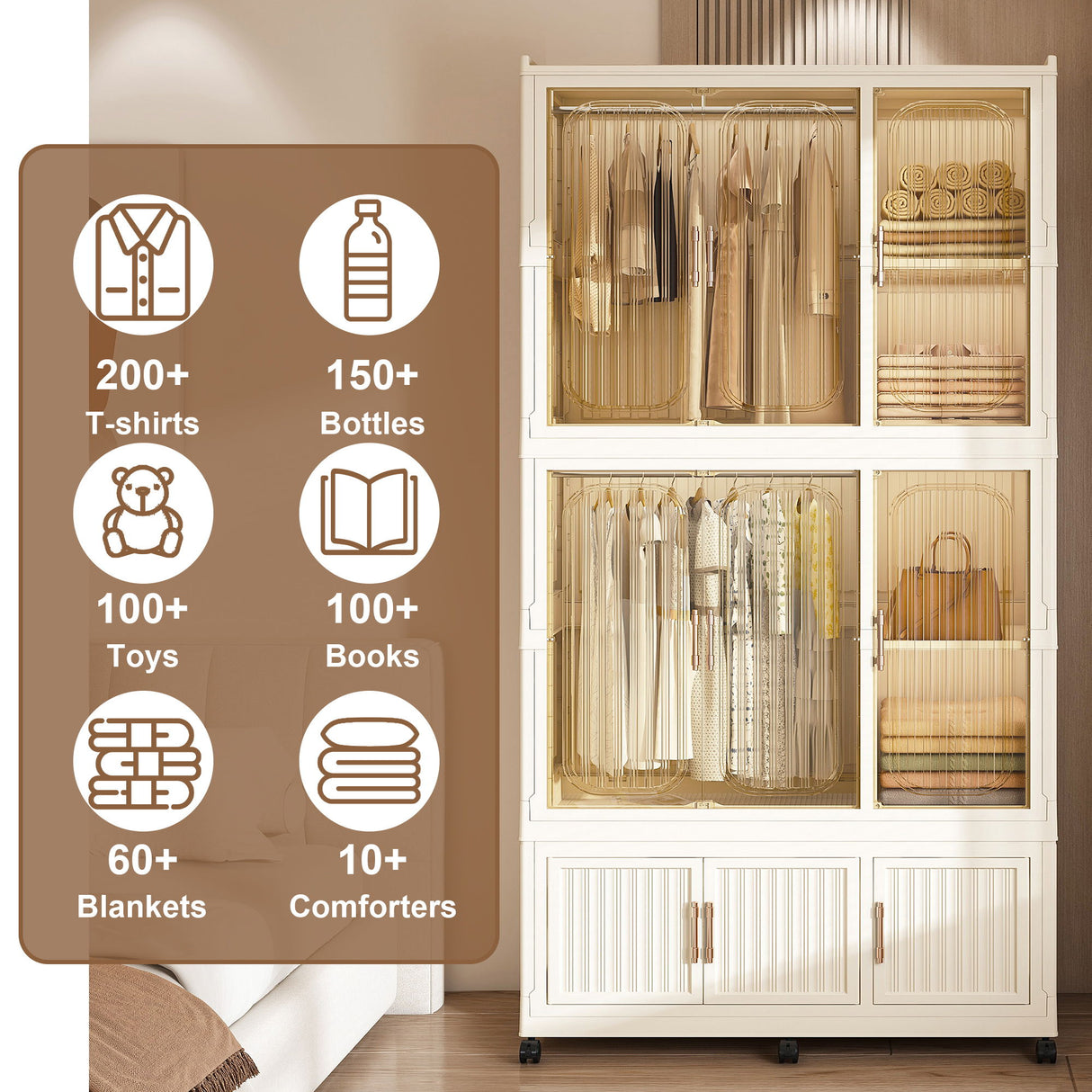 Portable Wardrobe Closet Storage Organizer For Clothes, 9 Magnetic Doors With 9 Cubes & 2 Hanging Rods, 6 Hangers - Cream White