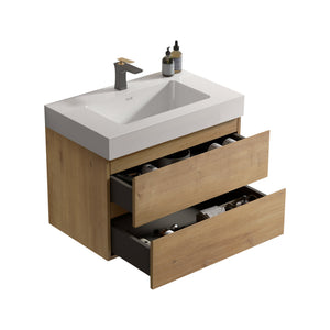 Alice 30" Wall-Mounted Bathroom Vanity, Natural Wood with Soft-Close Drawers