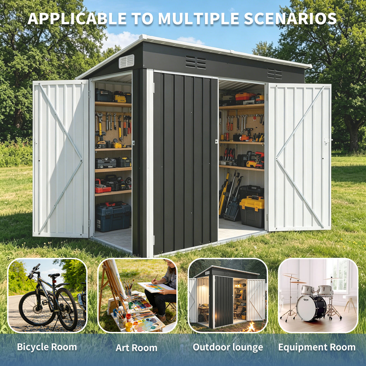 4 x 8 Ft Galvanized Steel Outdoor Storage Shed with 3 Access Doors