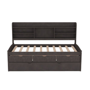 Captain Bed With Built In Bookshelves, 3 Storage Drawers, And Trundle
