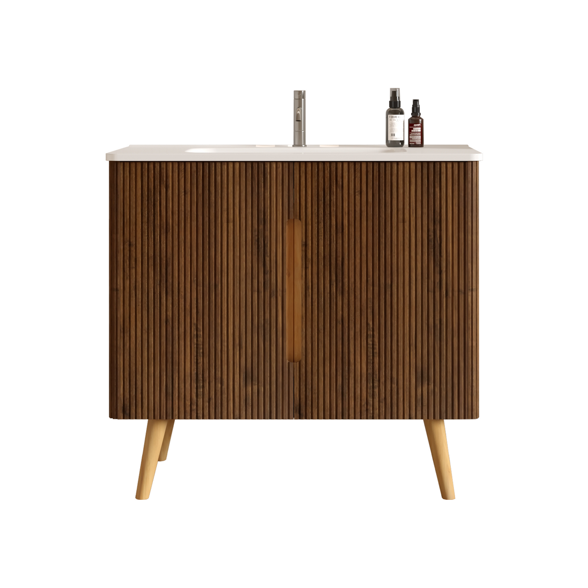 Etna 36-Inch Bathroom Vanity with Ceramic Sink, Walnut Striped