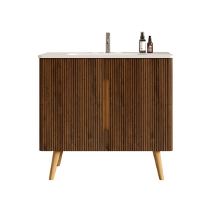 Etna 36-Inch Bathroom Vanity with Ceramic Sink, Walnut Striped