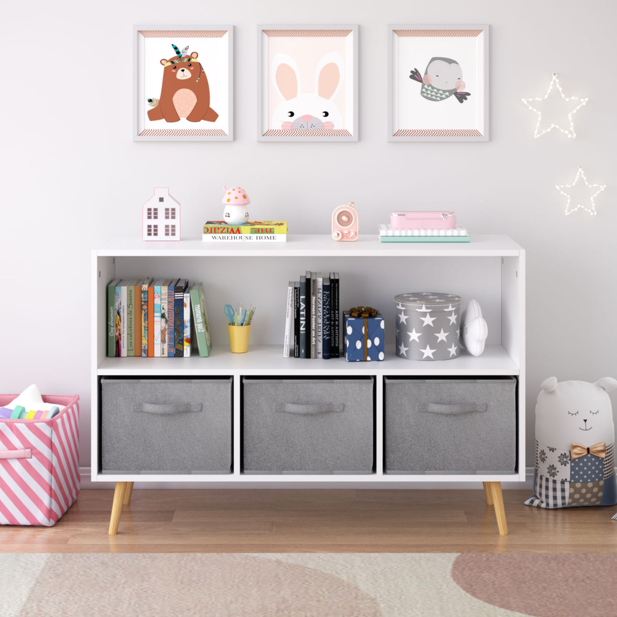 Bookcase With Collapsible Drawers, Book Display Organizer