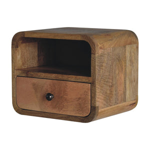 Extra Mini Wall-Mounted Curved Oak-ish Nightstand with Open Slot, 1-Drawer
