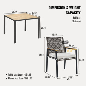 5 Piece Patio Dining Table Set, Acacia Wood Table Top With Umbrella Hole