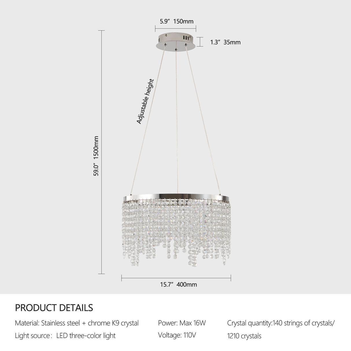 16-Inch Luxury Crystal LED Chandelier