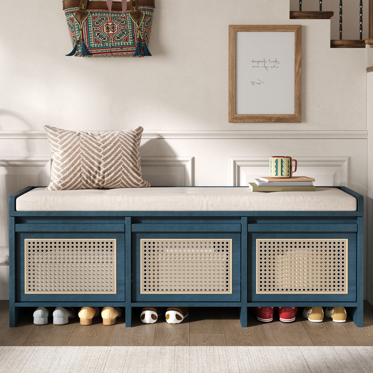 TREXM 48" Entryway Shoe Bench, Retro Storage Bench with Rattan Drawers