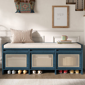 TREXM 48" Entryway Shoe Bench, Retro Storage Bench with Rattan Drawers
