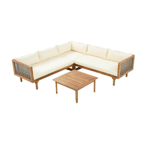 Premium Outdoor Sofa Set With Waterproof Cushions Sectional Seating Group With Acacia Wood And Wicker - Brown Mix / Beige - Best Buy Furniture