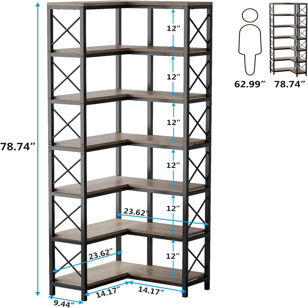 7 Tier Corner Bookshelf, Storage Unit For Living Room