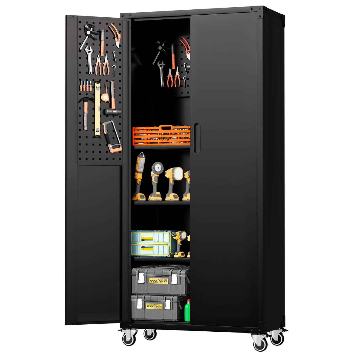 71" All-Black Metal Garage Storage Cabinet with Wheels