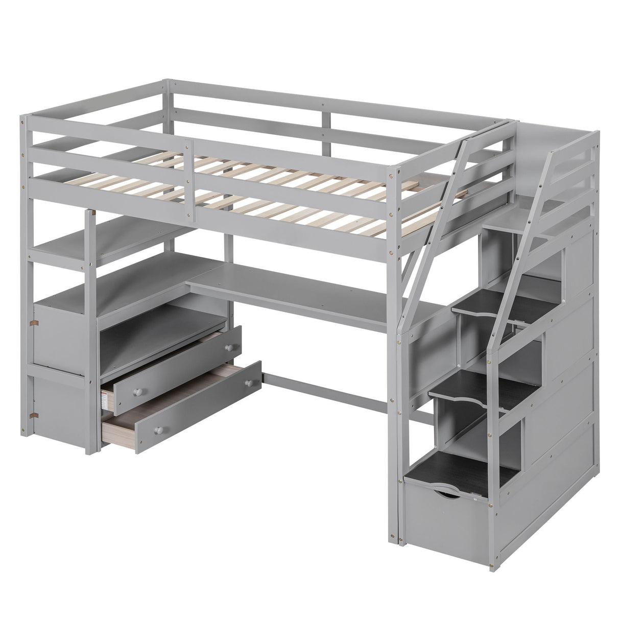 Loft Bed With Desk, Shelves, 2 Drawers, Storage Staircase