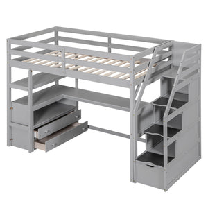 Loft Bed With Desk, Shelves, 2 Drawers, Storage Staircase