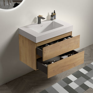 Alice 30" Wall-Mounted Bathroom Vanity, Natural Wood with Soft-Close Drawers