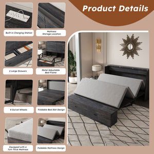 Full Murphy Bed With Storage Drawers, Charging Station, Foldable Panels, And Silent Swivel Wheels
