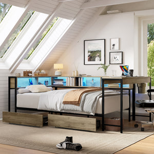 Corner Bed Frame Full Size with Bookcase and Storage Drawers
