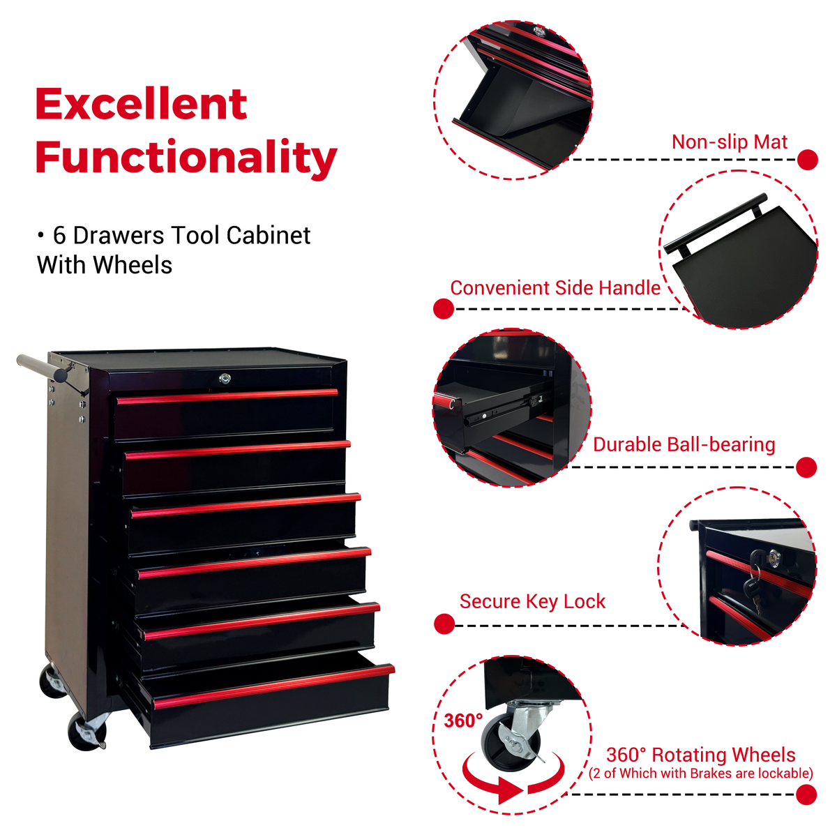 Rolling Metal Tool Chest with 6 Drawers - Black