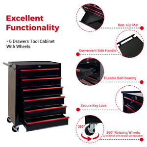 Rolling Metal Tool Chest with 6 Drawers - Black