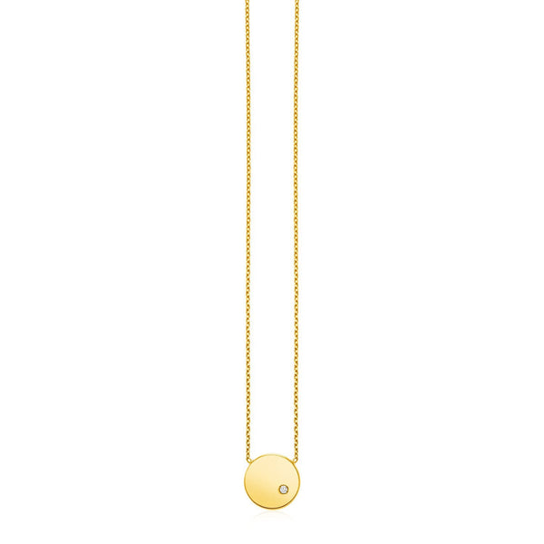 14k Yellow Gold Necklace with Polished Round Pendant with Diamond