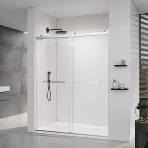 56-60*76 INCH Double Sliding Frameless Soft-Close Shower Door with Premium (8mm)Thick Tampered Glass and Easy-Cleaning Coating In --Brushed Nickel