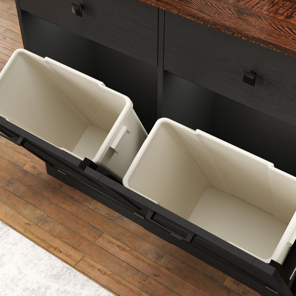 Double Tilt Out Trash Cabinet With Hideaway Drawer And Barn Door Style