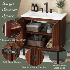 30" Vintage Bathroom Vanity With Ceramic Sink, Modern Bathroom Vanity Cabinet With 2 Soft Close Doors, Equpiied With 4 Sturdy Iron Legs - Antique Dark Brown