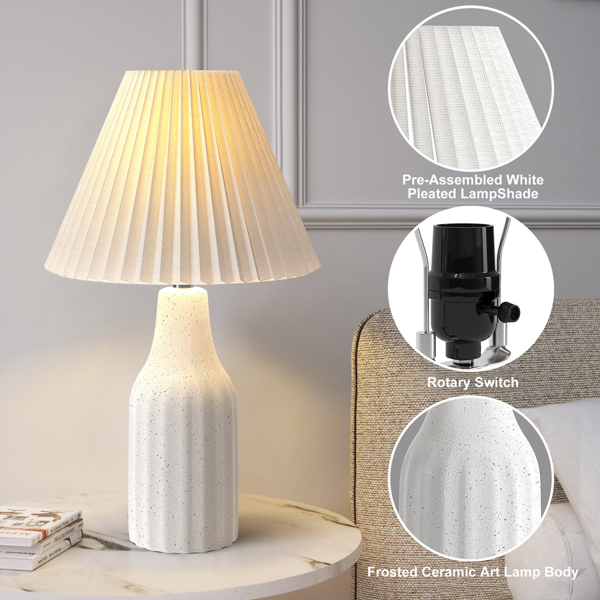 22.3-Inch Ceramic Table Lamp with Folding Pleated Shade, White