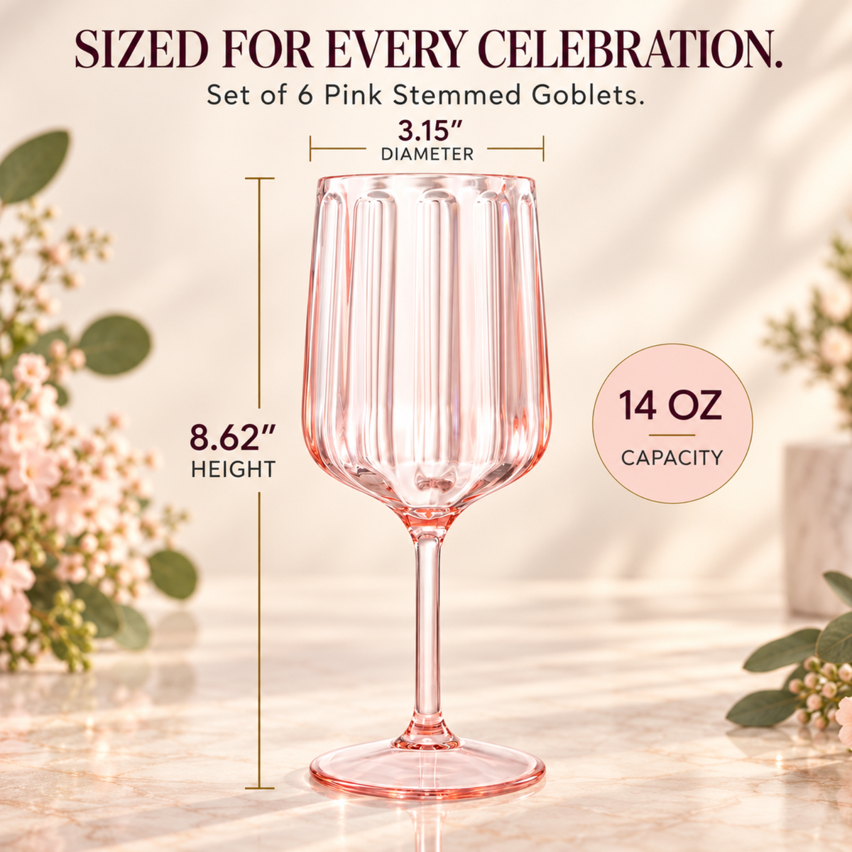 Khen Acrylic Lucia Stemmed Goblets - Set of 6 |14oz | Pink