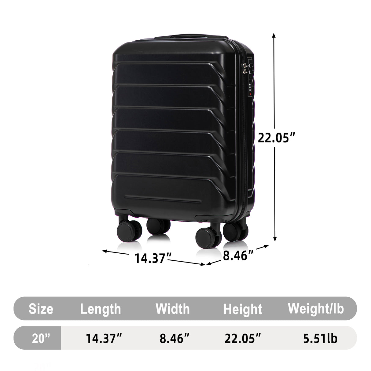 20 Inch ABS Hard Shell Travel Checked Luggage - Black