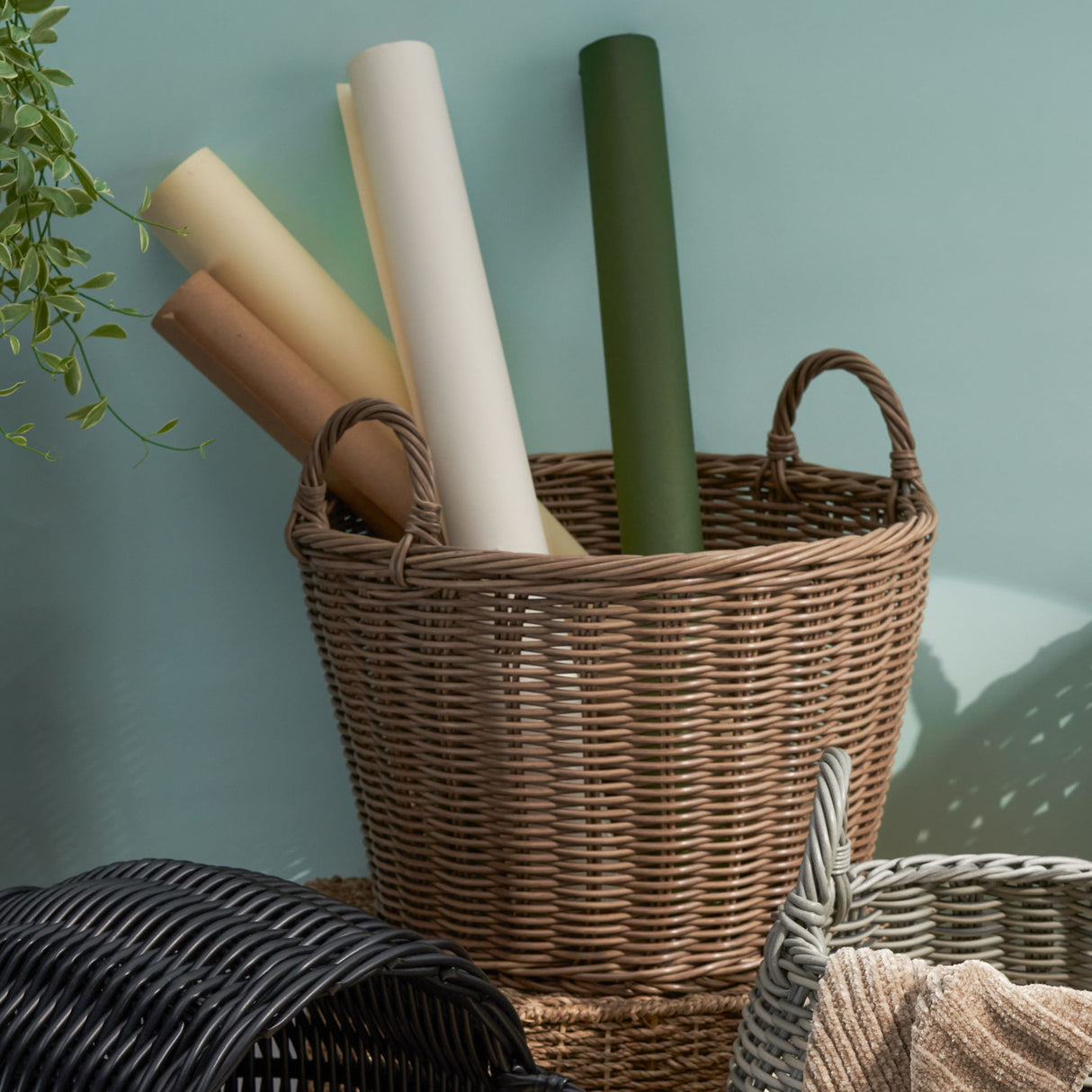 Round Cone Woven Resin Wicker Basket With Handles For Versatile Storage - Walnut Brown
