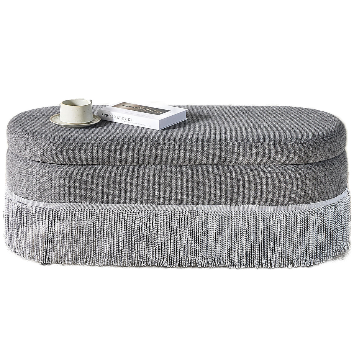 Oval Upholstered Storage Ottoman with Fringe Trim