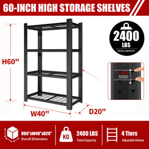 60"H 4-Tier Adjustable Heavy Duty Shelving Metal Mesh Storage Rack (2240 Lbs Loading Capacity) - Metal Shelf Organizer for Pantry, Garage, Kitchen - 40"W*20"D*60"H -
