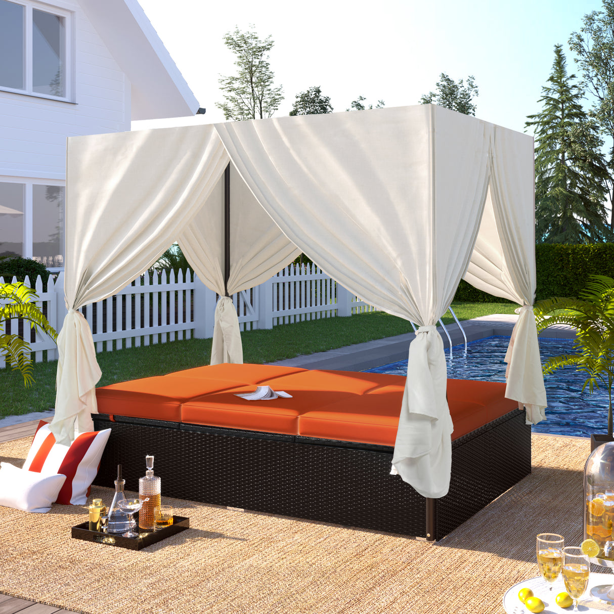 U_STYLE Outdoor Double Chaise Lounge Daybed with Curtains