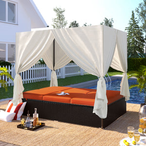 U_STYLE Outdoor Double Chaise Lounge Daybed with Curtains