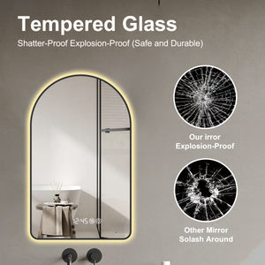 Arched LED Vanity Mirror With Time & Temperature Display, Anti-Fog, Dimmable Backlight In Frame, 3 Color Temperatures