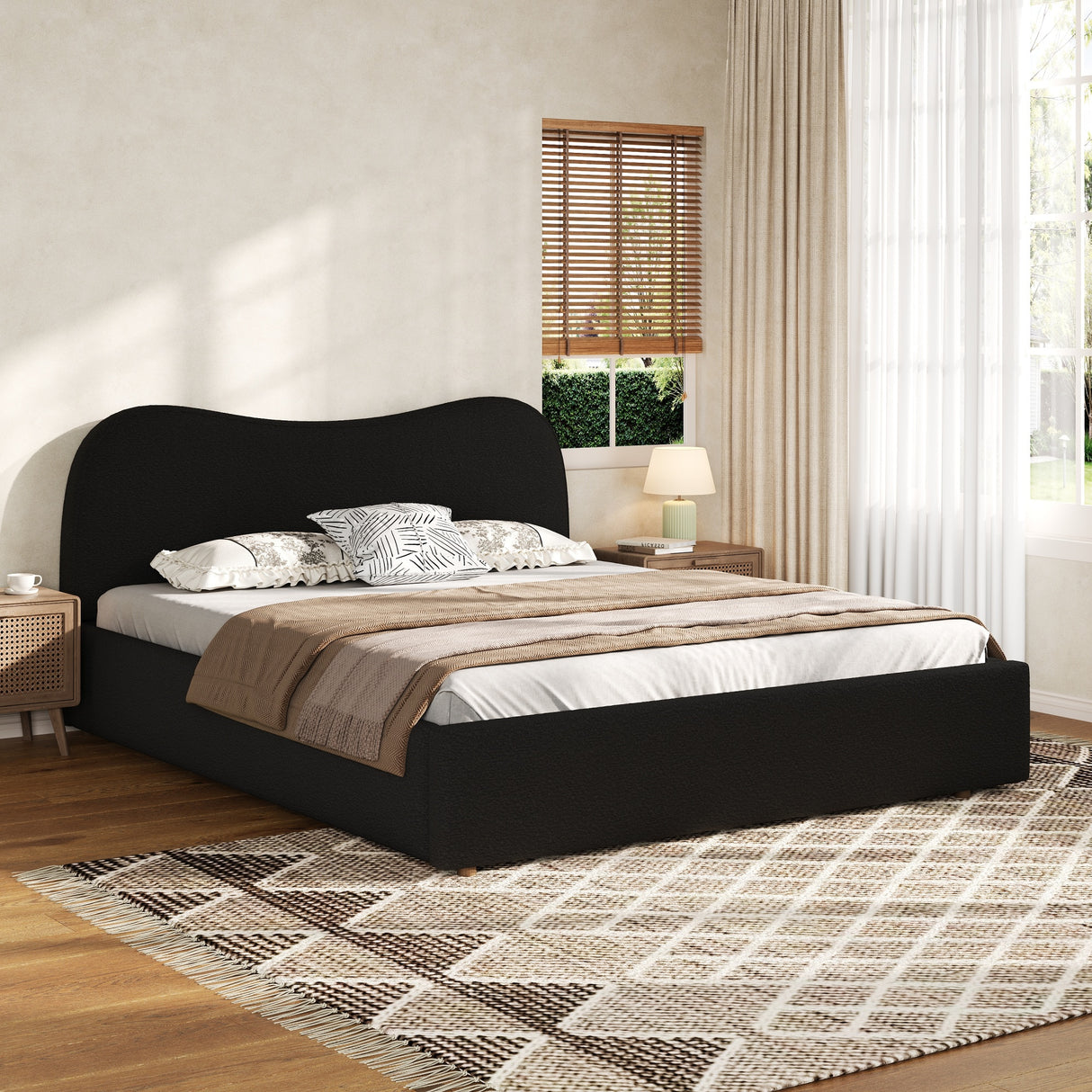 Queen Size Upholstered Platform Bed with Wooden Slats
