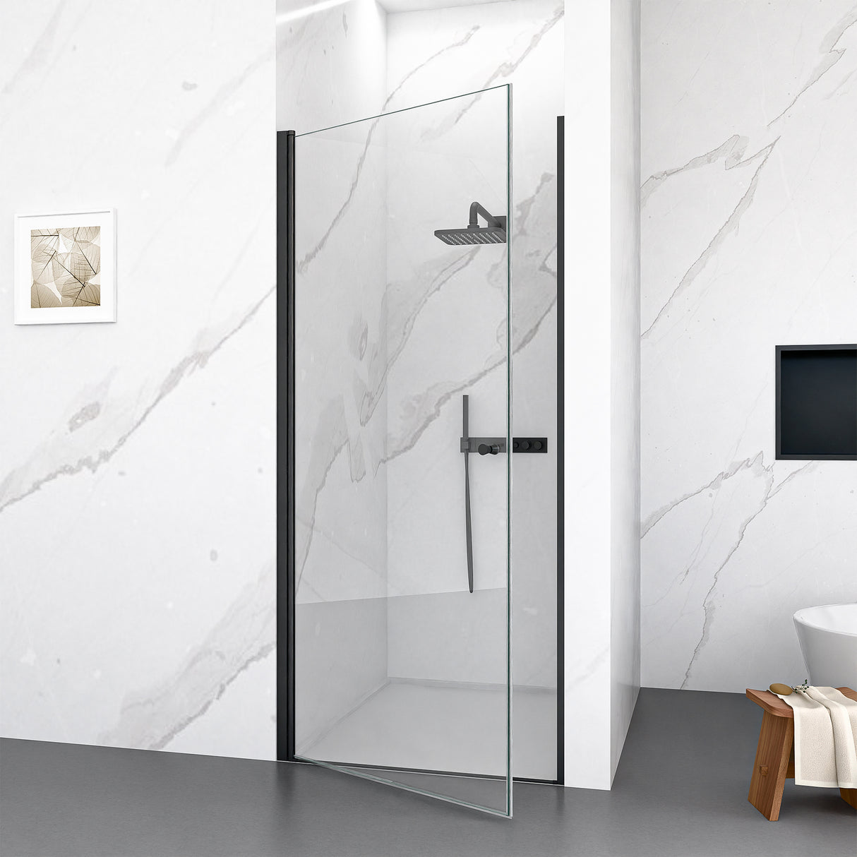 32"W x 72"H Frameless Circular Pivot Shower Door in Matte Black