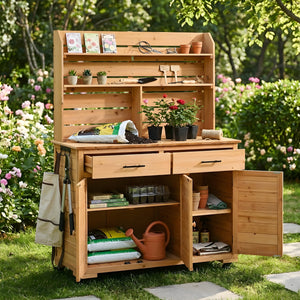TOPMAX 65''H Large Garden Potting Bench with Lockable Wheels and Storage Cabinet