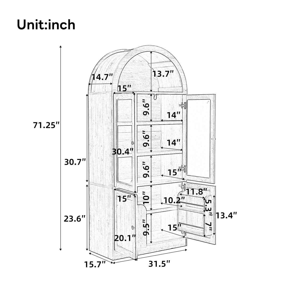 Tall Arched Top Storage Cabinet with Tempered Glass Doors